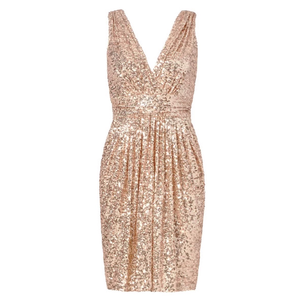 Badgley Mischka Showstopper Rose Gold Sequin Ruched V-Neck Cocktail Mini Dress 8